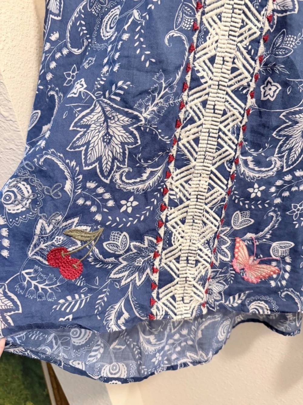 Johnny Was Workshop Embroidered Butterfly Puff Sleeve Blouse XXL Blue Ramie